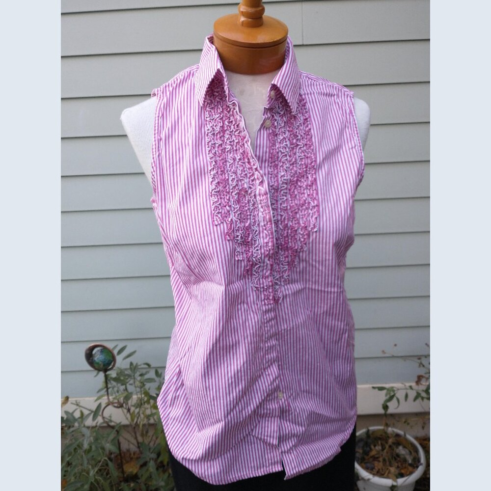 Blouse: Cotton, pink/white striped, pintuck ruffles. Size 6P - by Ralph Lauren